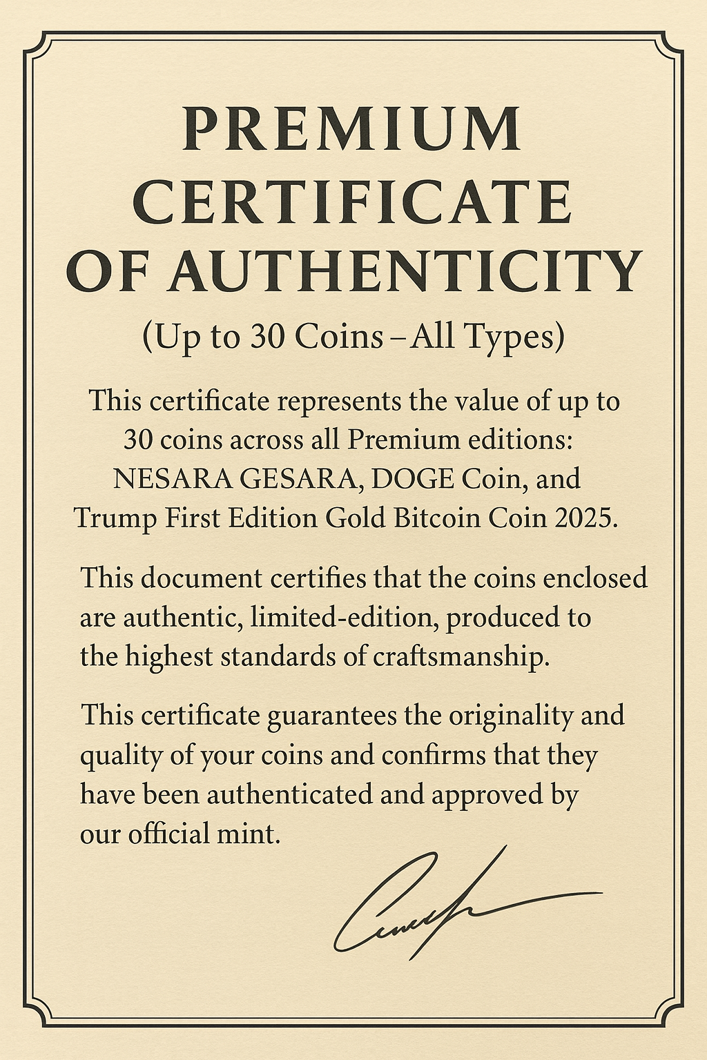 PREMIUM CERTIFICATE OF AUTHENTICITY